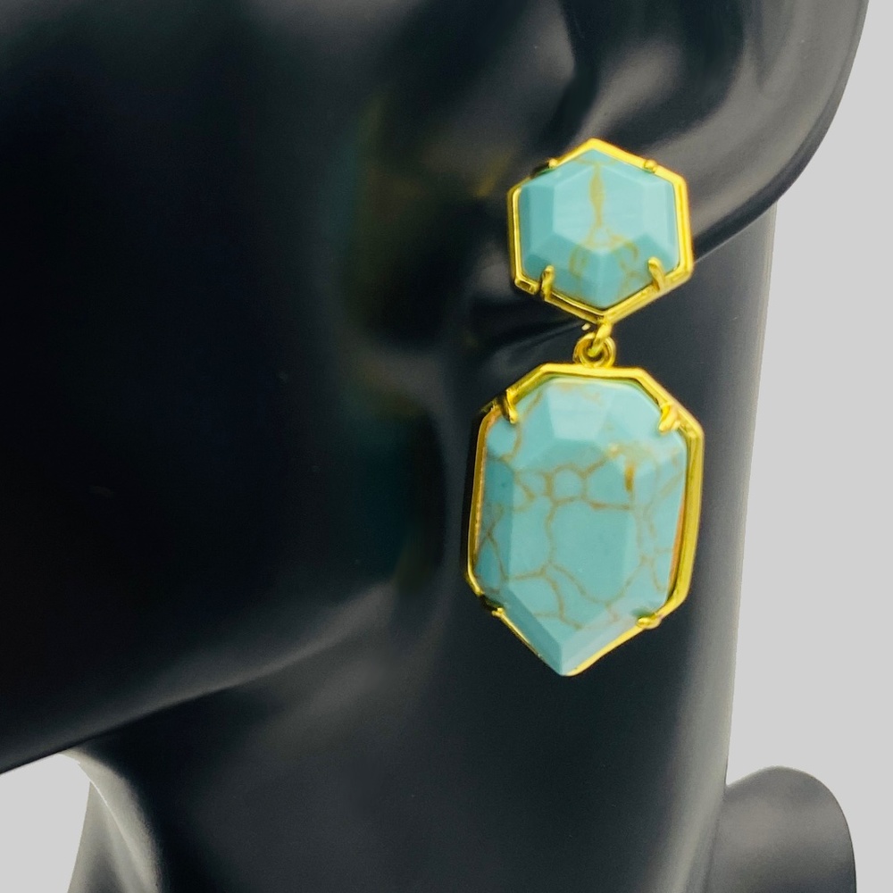 Natural Turquoise Stone with Gold Toned Statement Dangle Earrings